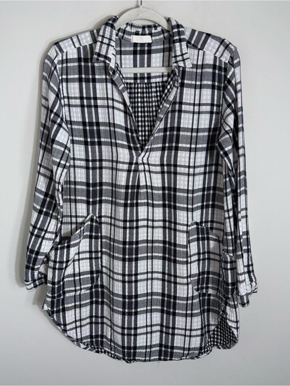 CP Shades 100% Cotton Tunic Blouse Top-Black White Plaid-Gauze-Small